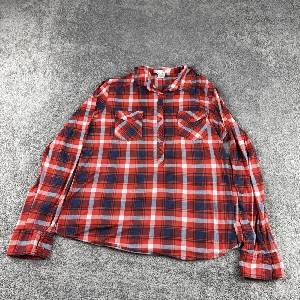 Love Potion Roll‎ Tab Sleeve Button Down Shirt Womens Large Red White Navy Plaid